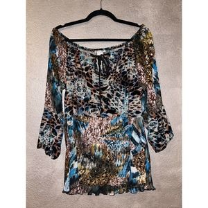 Alberto Makali  Teal Black  Animal Print  Burnout Velvet Off The Shoulder Top  L